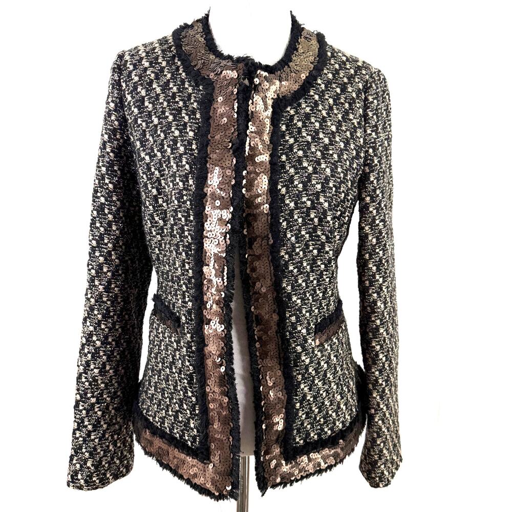 Boston Proper Women's Black Gold Tweed Sequin Wool Blazer Jacket Size 6